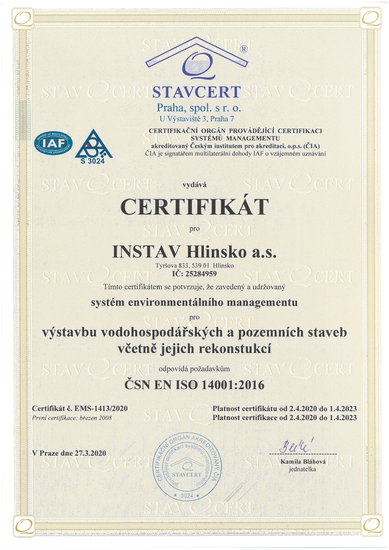 Certifikát ISO 14001 Page 0001