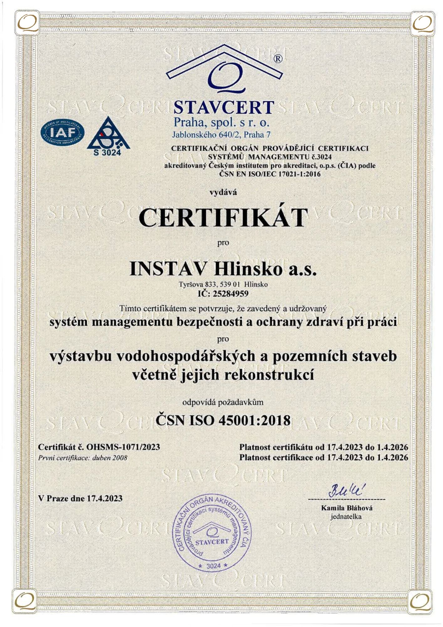 Certifikát ISO 45001:2018