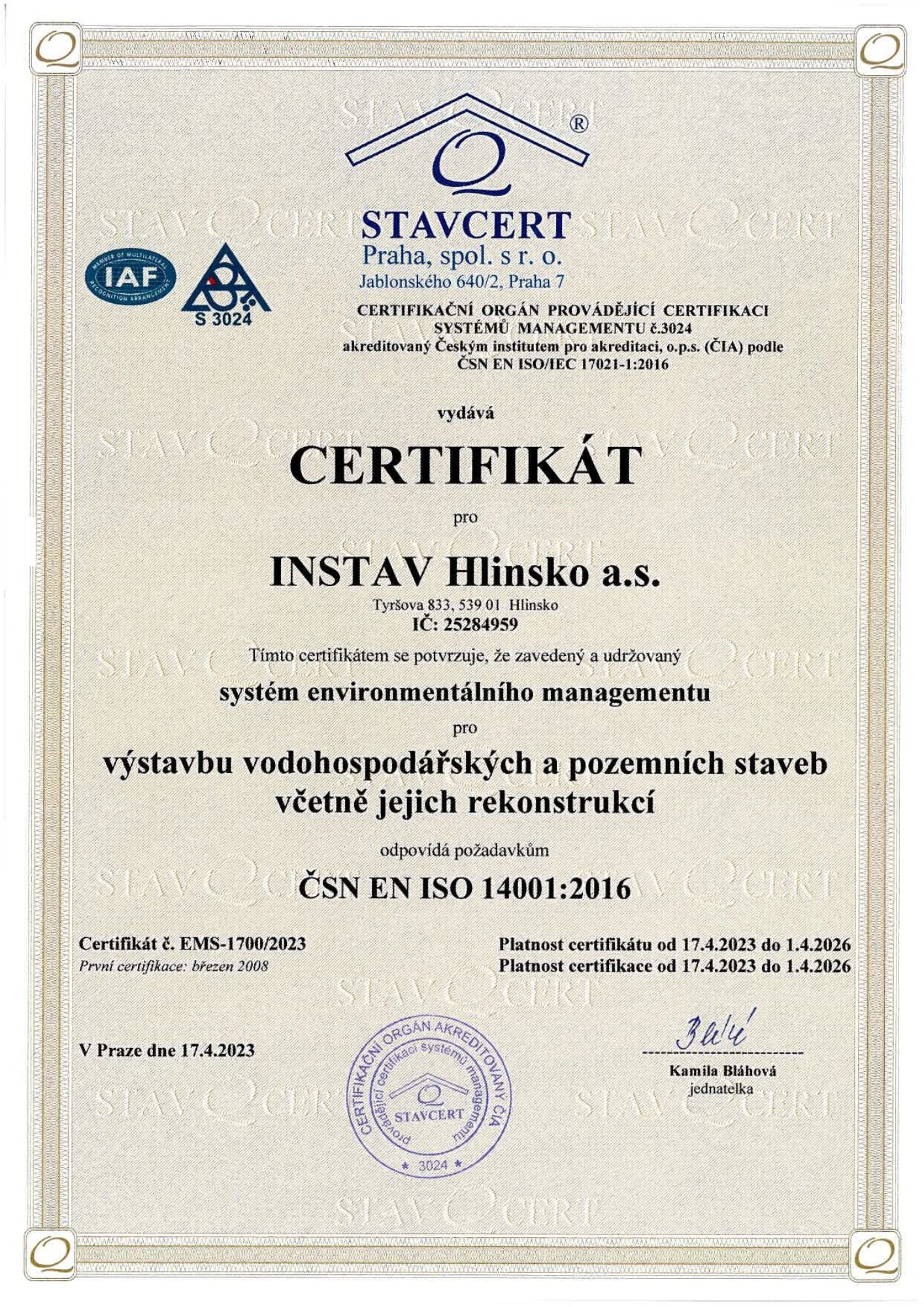 Certifikát ISO 14001:2016