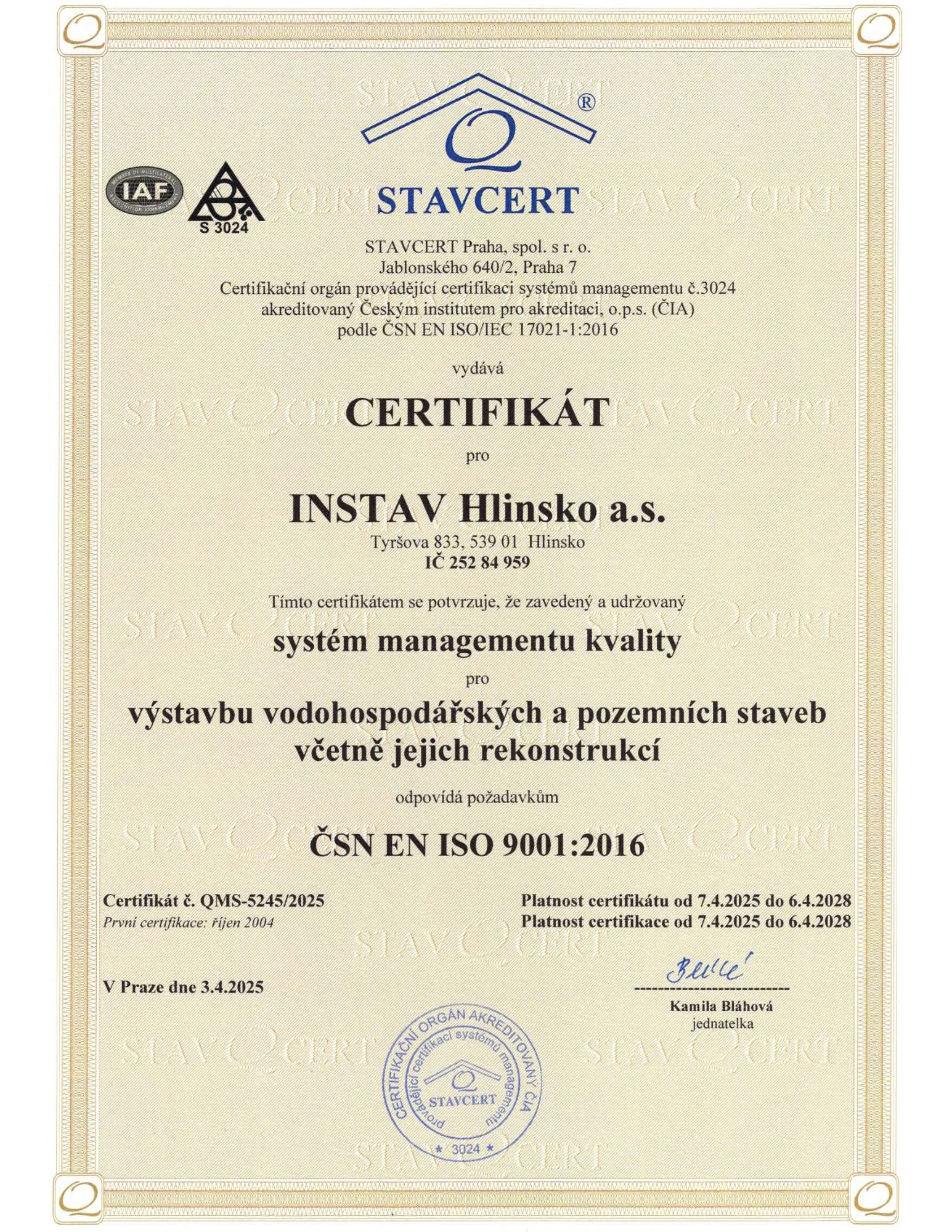 Certifikát ISO 9001:2016